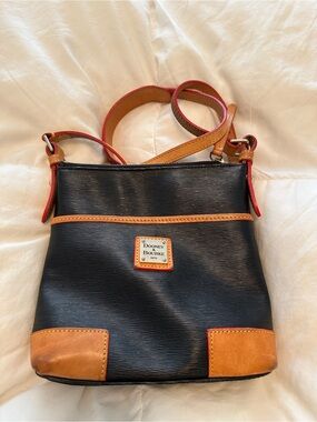 Dooney & Bourke Black Crossbody with Tan Trim and Red Piping
